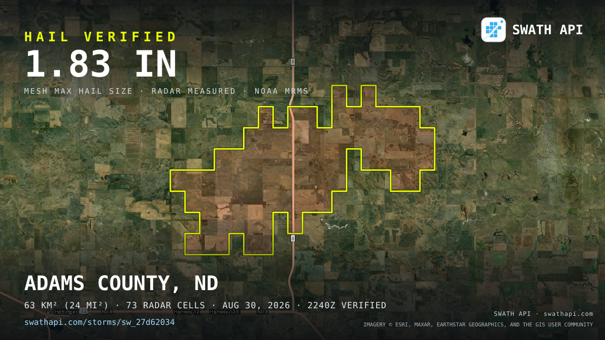 Storm card: 1.1–1.8" hail crossed Adams County, ND — August 30, 2026