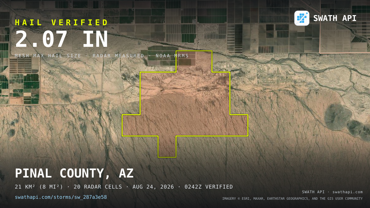 Storm card: 1.2–2.1" hail crossed Pinal County, AZ — August 24, 2026