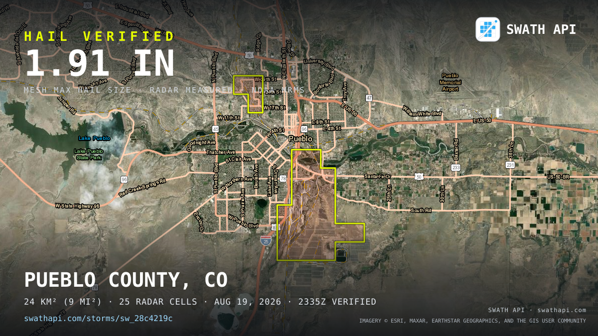 Storm card: 1.3–1.9" hail crossed Pueblo County, CO — August 19, 2026