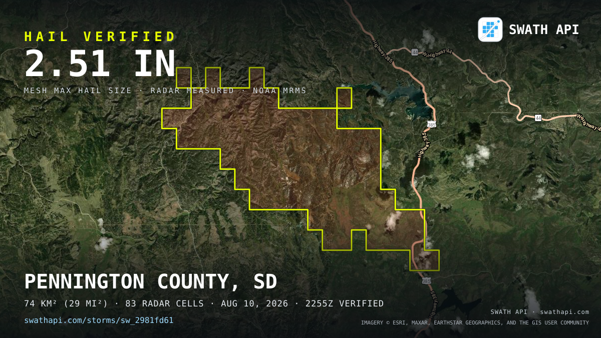 Storm card: 1.3–2.5" hail crossed Pennington County, SD — August 10, 2026