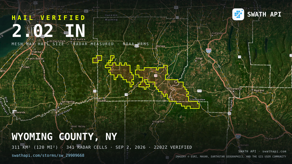 Storm card: 1–2" hail crossed Wyoming County, NY — September 2, 2026