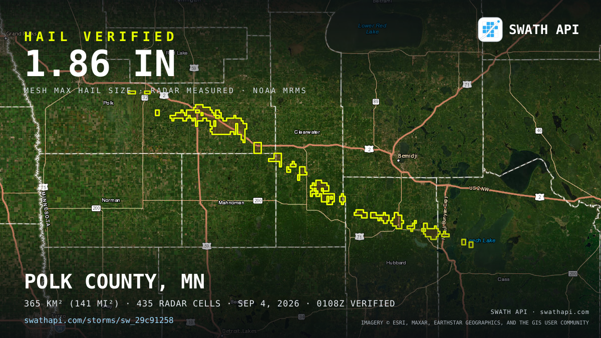 Storm card: 1.1–1.9" hail crossed Clearwater County, MN — September 4, 2026