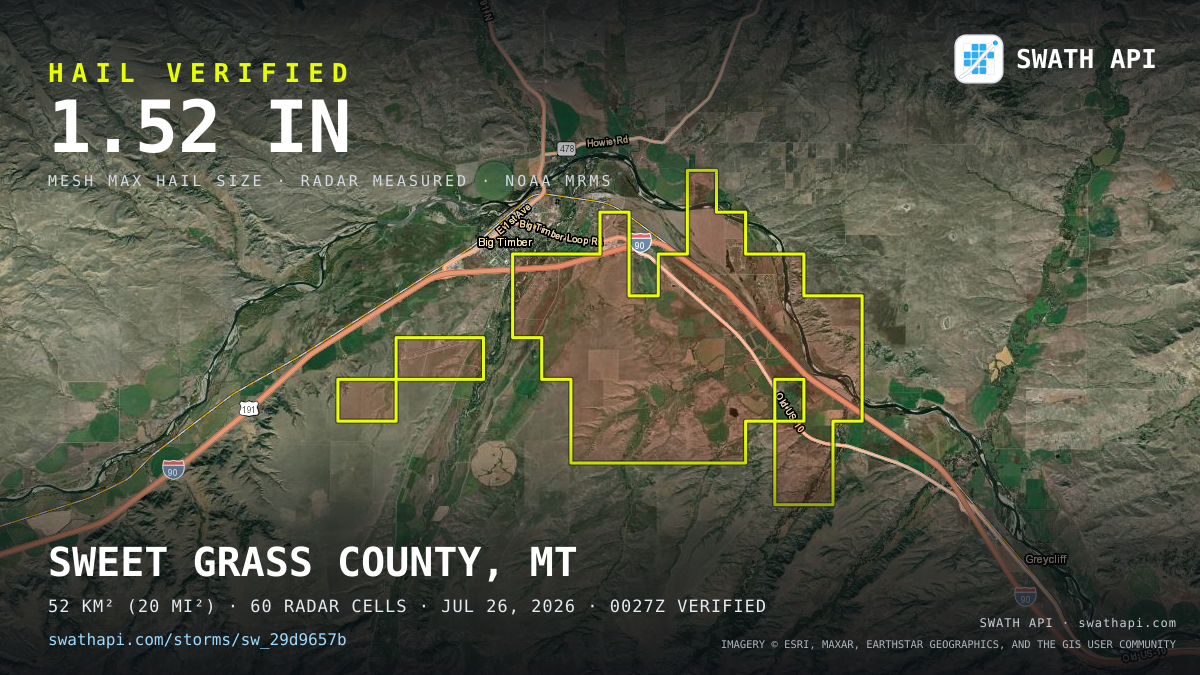 Storm card: 1.1–1.5" hail crossed Sweet Grass County, MT — July 26, 2026