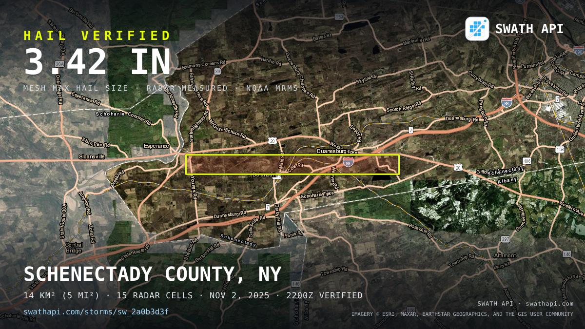 Storm card: 2.2–3.4" hail crossed Schenectady County, NY — November 2, 2025