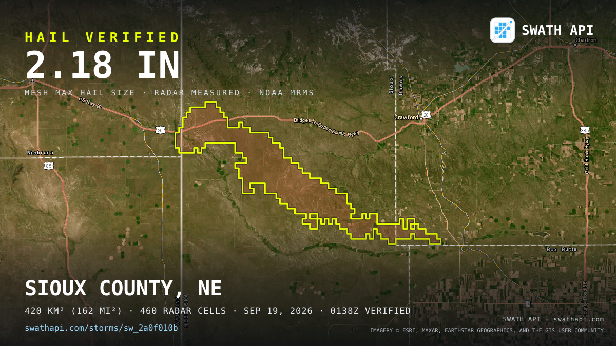 Storm card: 1.1–2.2" hail crossed Sioux County, NE — September 19, 2026