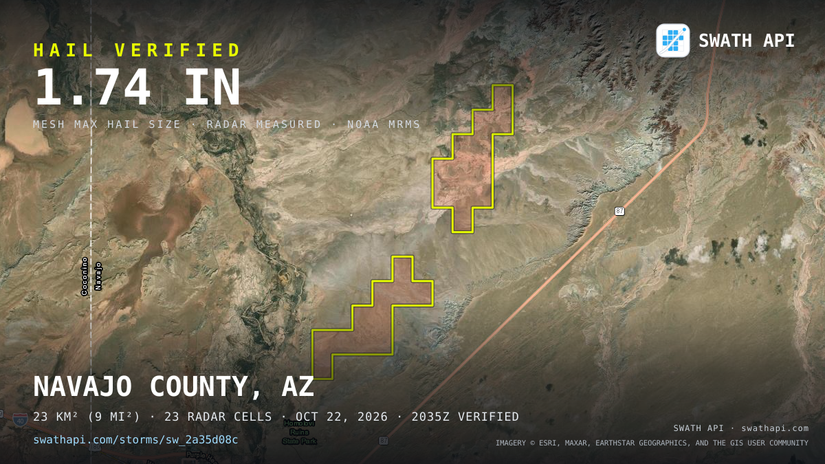 Storm card: 1.3–1.7" hail crossed Navajo County, AZ — October 22, 2026