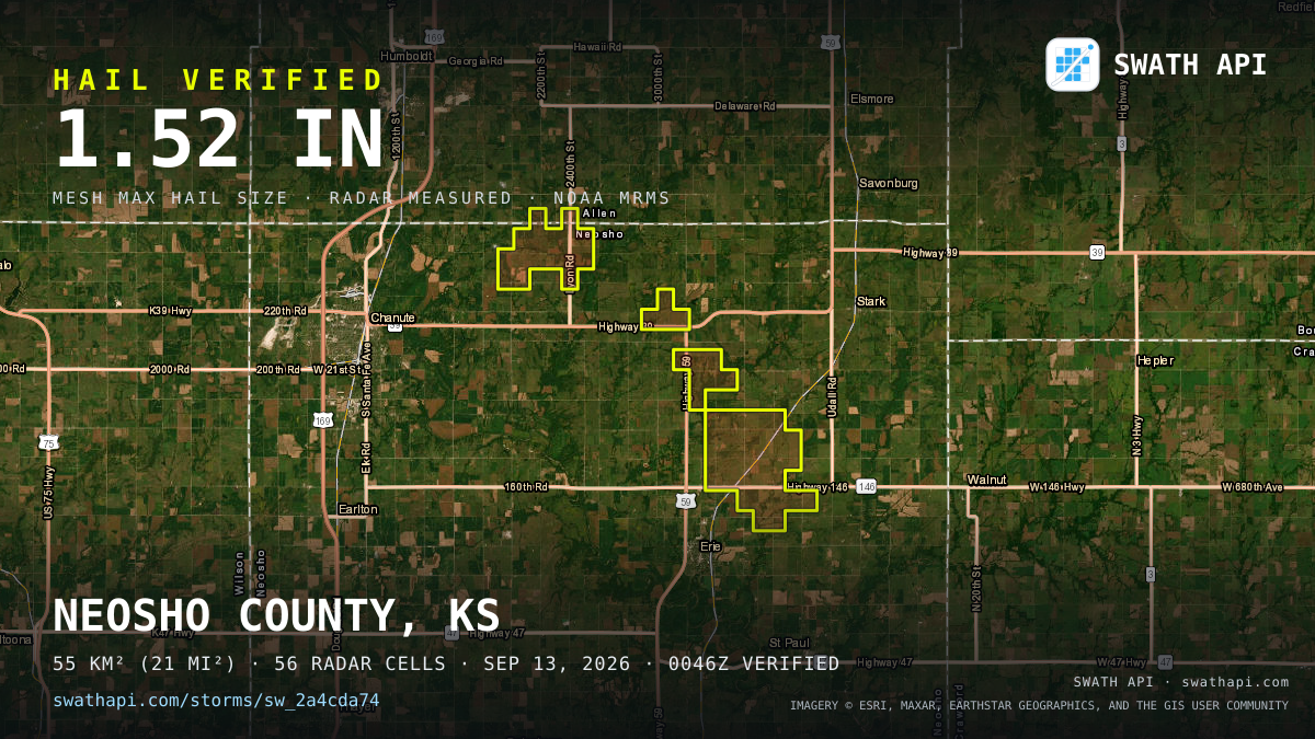 Storm card: 1.1–1.5" hail crossed Neosho County, KS — September 13, 2026