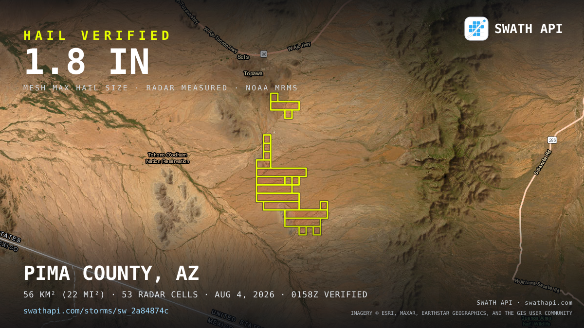 Storm card: 1.1–1.8" hail crossed Pima County, AZ — August 4, 2026