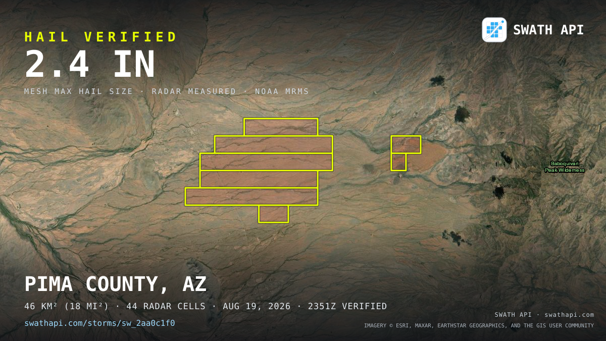 Storm card: 1.1–2.4" hail crossed Pima County, AZ — August 19, 2026