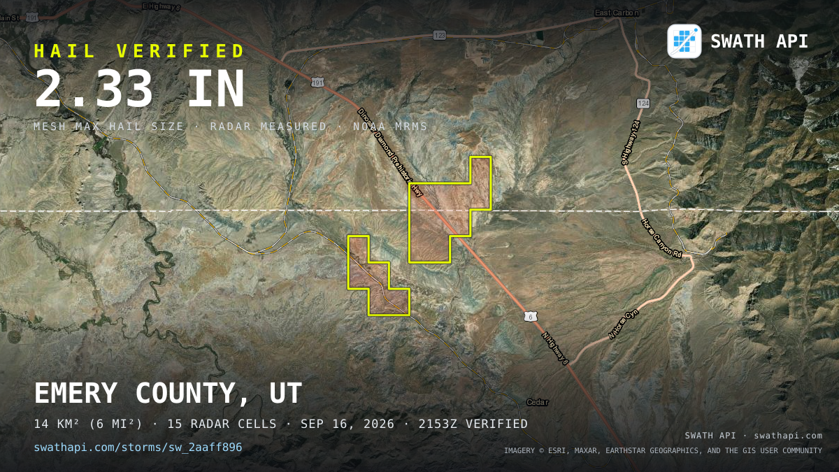 Storm card: 1.5–2.3" hail crossed Emery County, UT — September 16, 2026