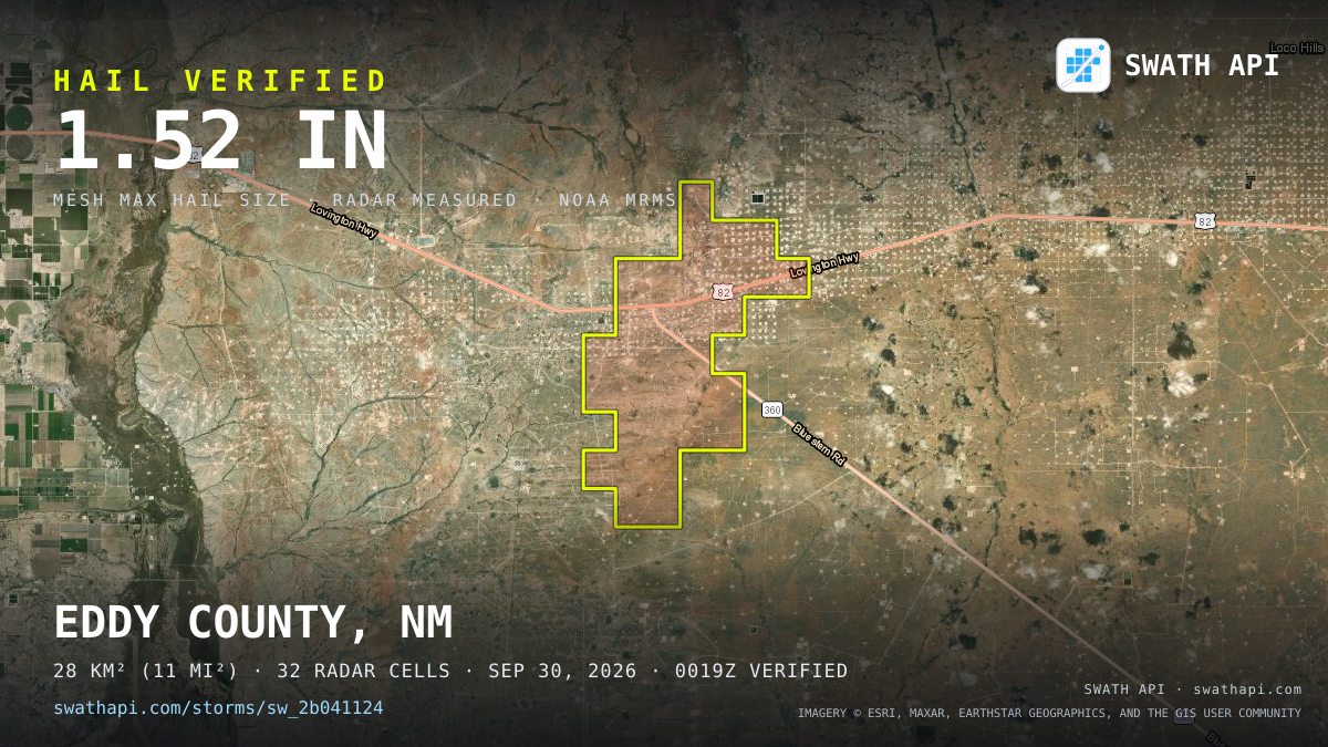 Storm card: 1.1–1.6" hail crossed Eddy County, NM — September 30, 2026