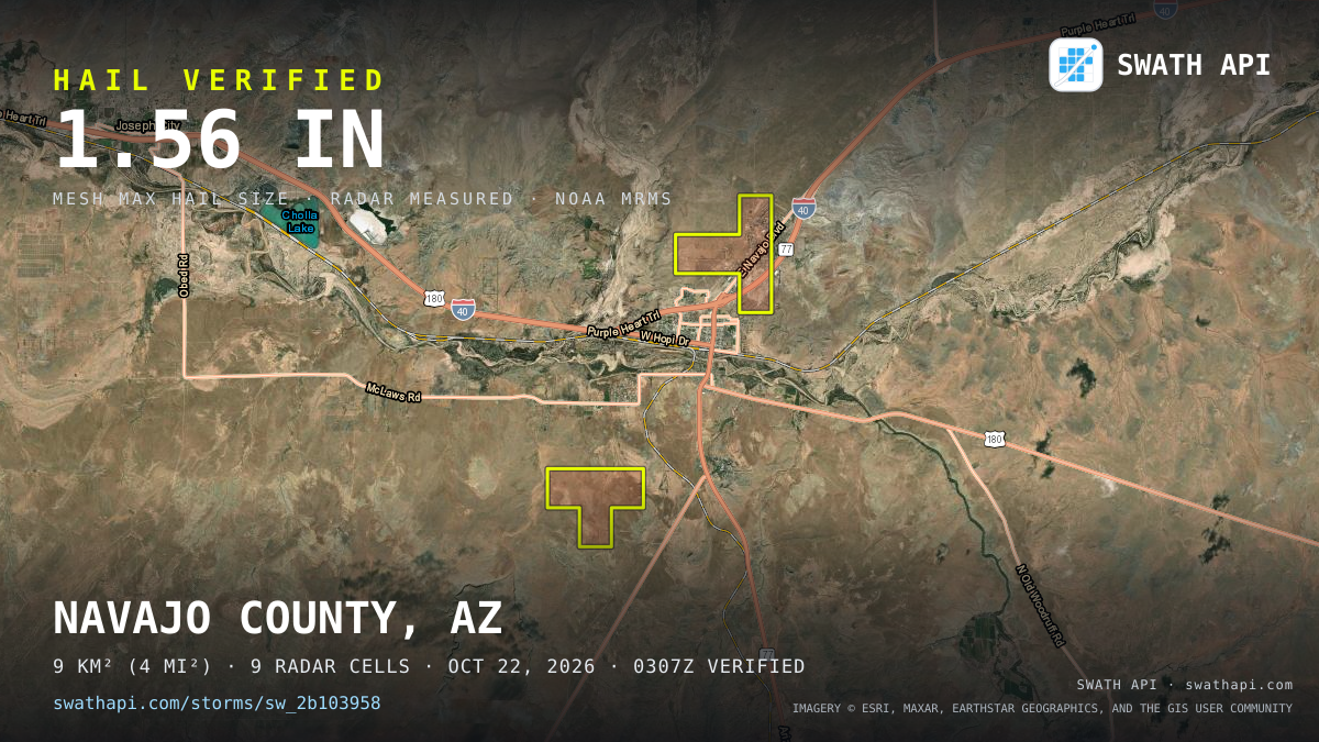 Storm card: 1.3–3" hail crossed Navajo County, AZ — October 22, 2026
