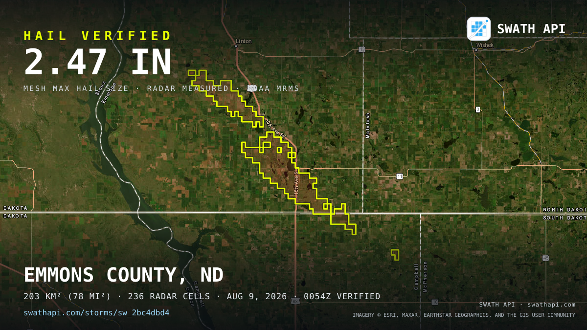 Storm card: 1.2–2.5" hail crossed Emmons County, ND — August 9, 2026