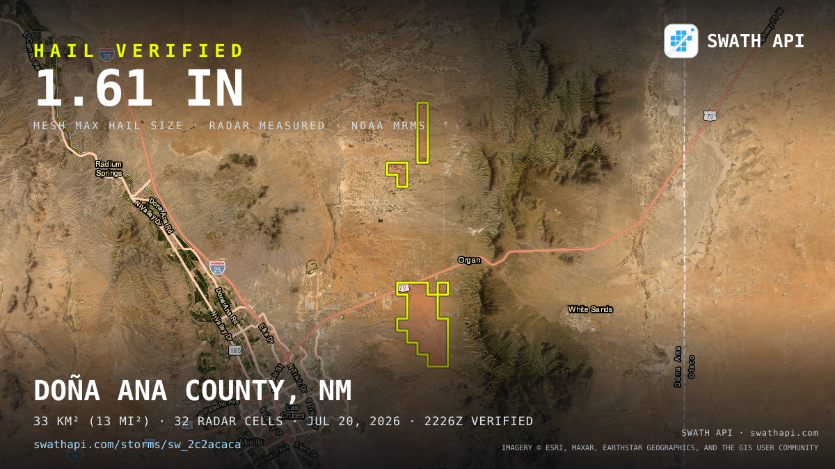 Storm card: 1.2–1.6" hail crossed Doña Ana County, NM — July 20, 2026