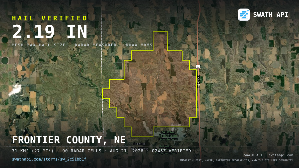 Storm card: 1.4–2.2" hail crossed Frontier County, NE — August 21, 2026