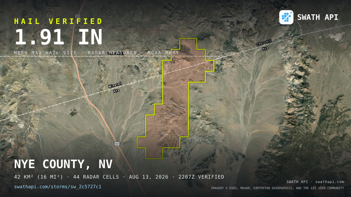 Storm card: 1.2–1.9" hail crossed Nye County, NV — August 13, 2026