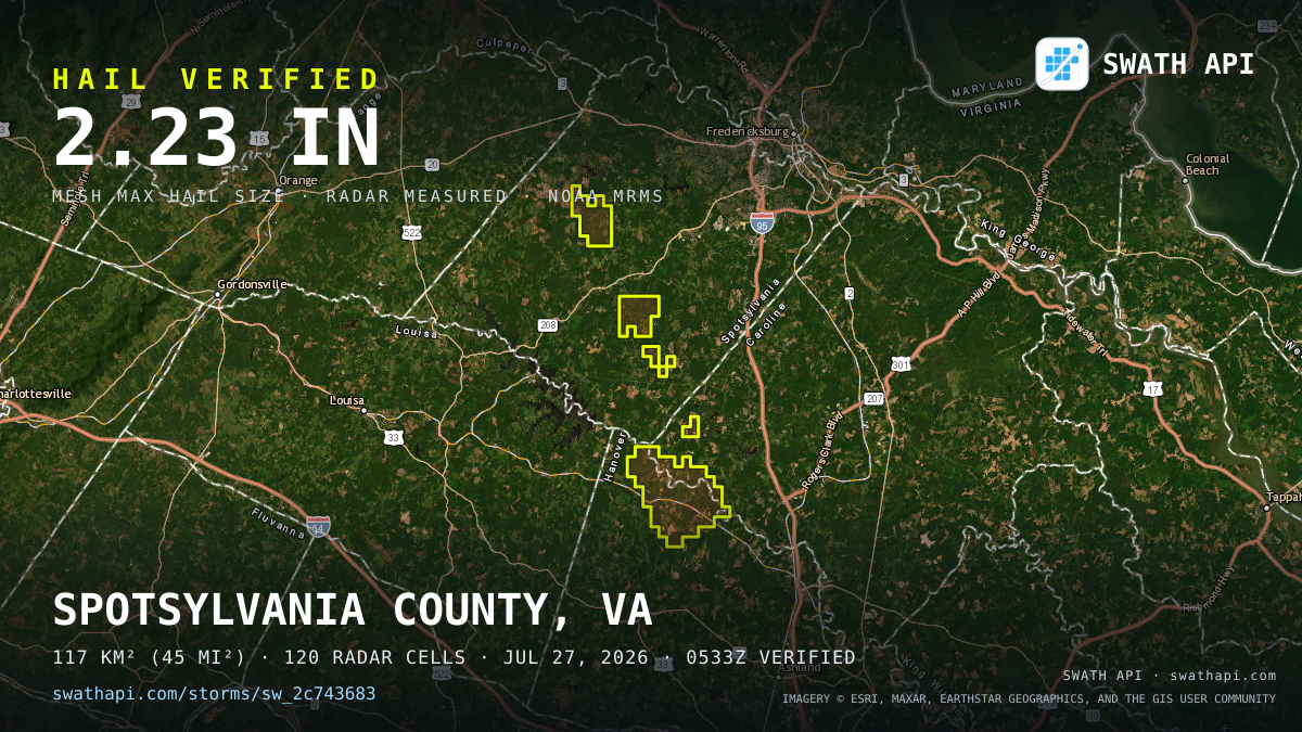 Storm card: 1.3–2.2" hail crossed Spotsylvania County, VA — July 27, 2026