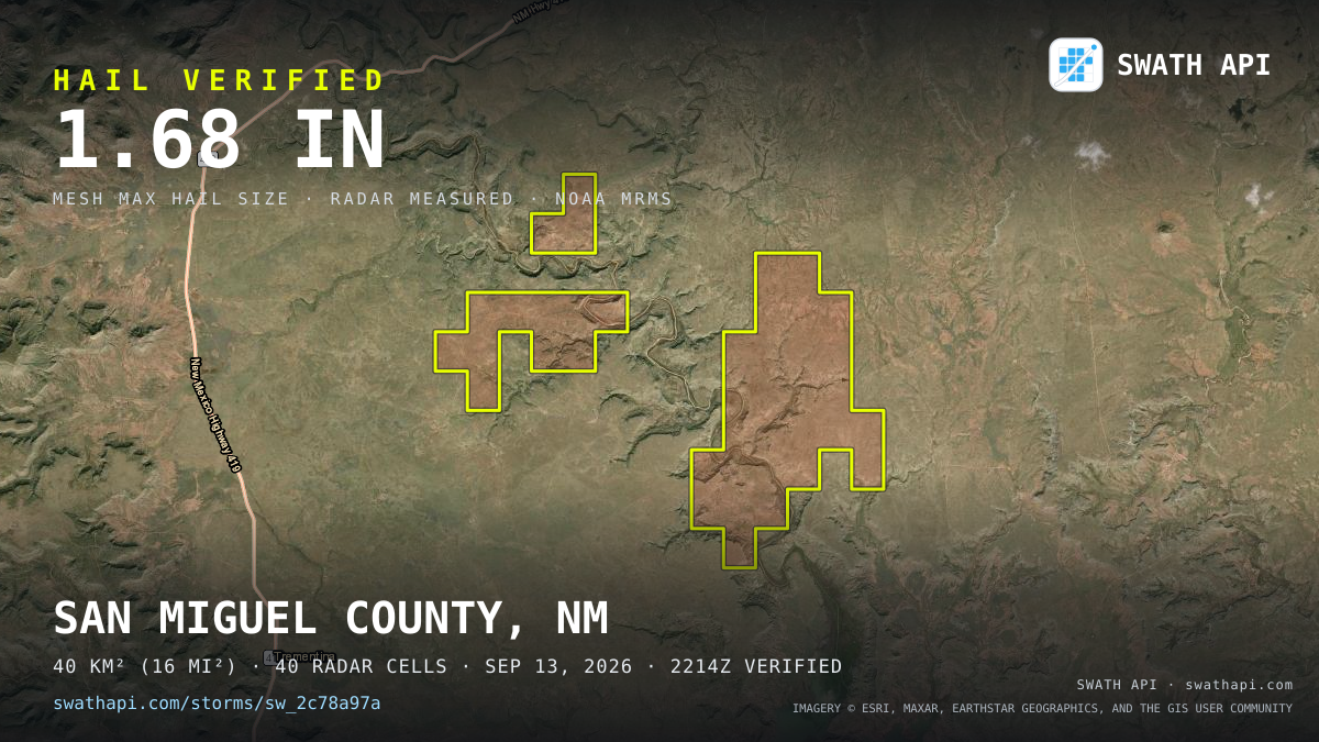 Storm card: 1.1–1.7" hail crossed San Miguel County, NM — September 13, 2026