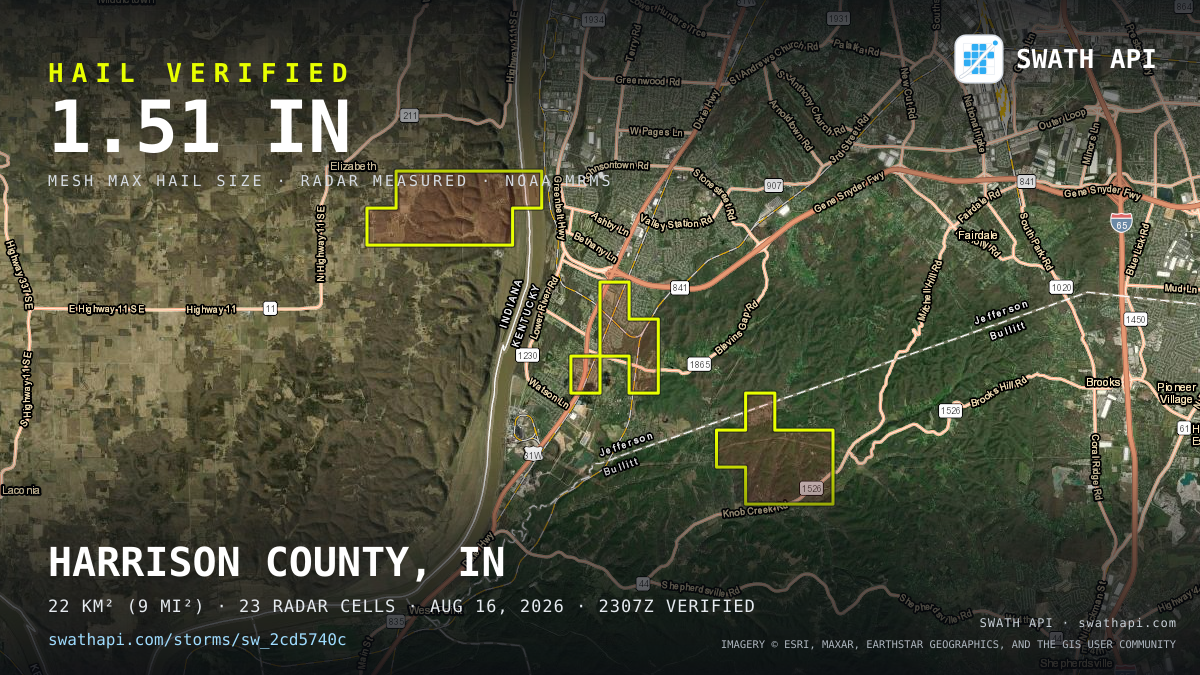 Storm card: 1.1–1.5" hail crossed Jefferson County, KY — August 16, 2026