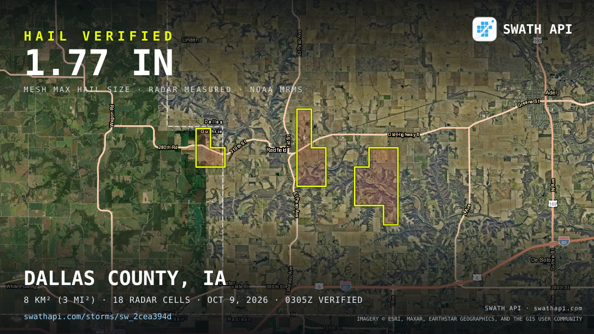 Storm card: 1.2–1.8" hail crossed Dallas County, IA — October 9, 2026