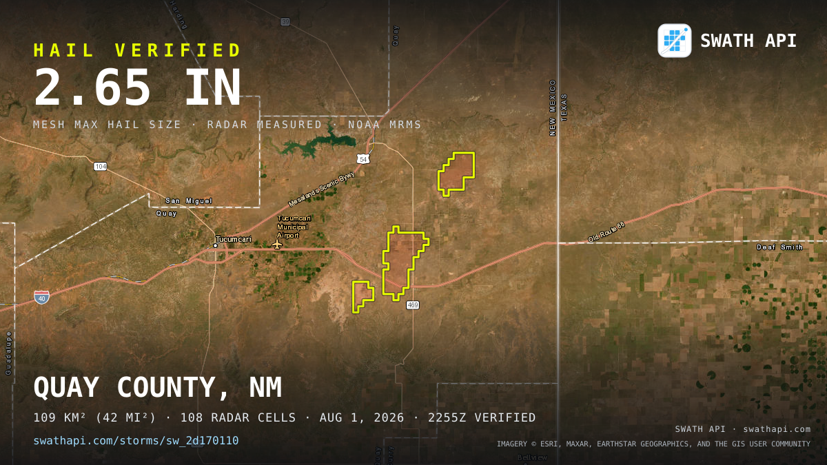 Storm card: 1.2–2.7" hail crossed Quay County, NM — August 1, 2026