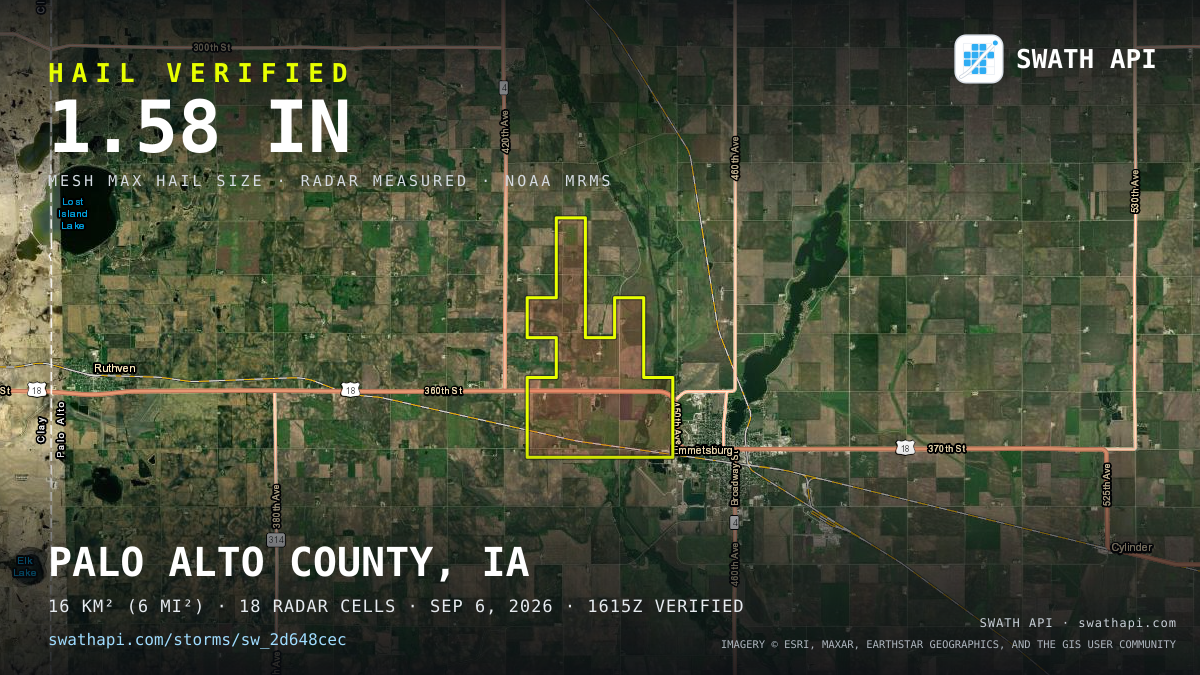 Storm card: 1.1–1.6" hail crossed Palo Alto County, IA — September 6, 2026
