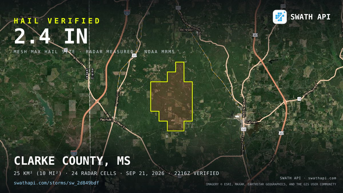 Storm card: 1.3–2.4" hail crossed Clarke County, MS — September 21, 2026