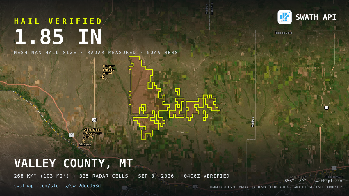 Storm card: 1.1–1.9" hail crossed Valley County, MT — September 3, 2026