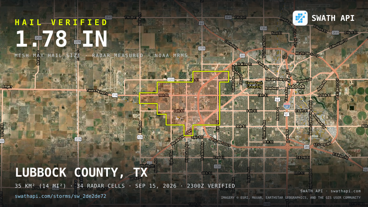 Storm card: 1.1–1.8" hail crossed Lubbock County, TX — September 15, 2026