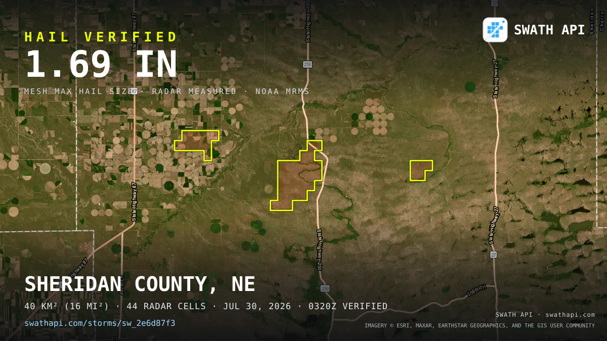 Storm card: 1.2–1.7" hail crossed Sheridan County, NE — July 30, 2026