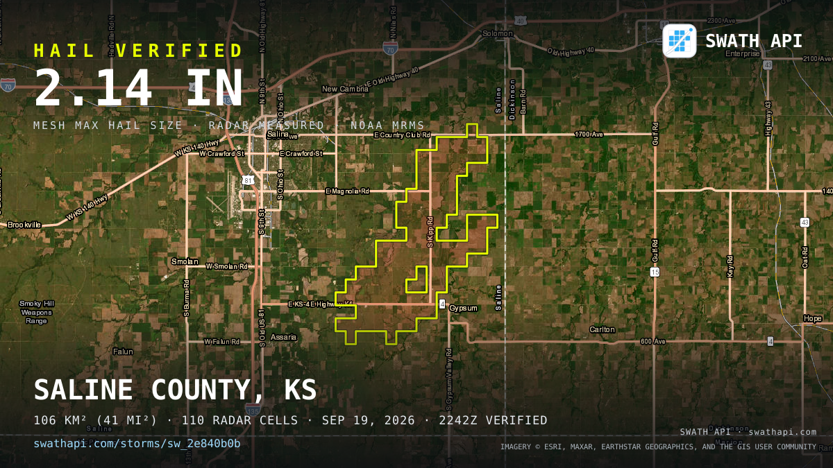Storm card: 1.3–2.1" hail crossed Saline County, KS — September 19, 2026