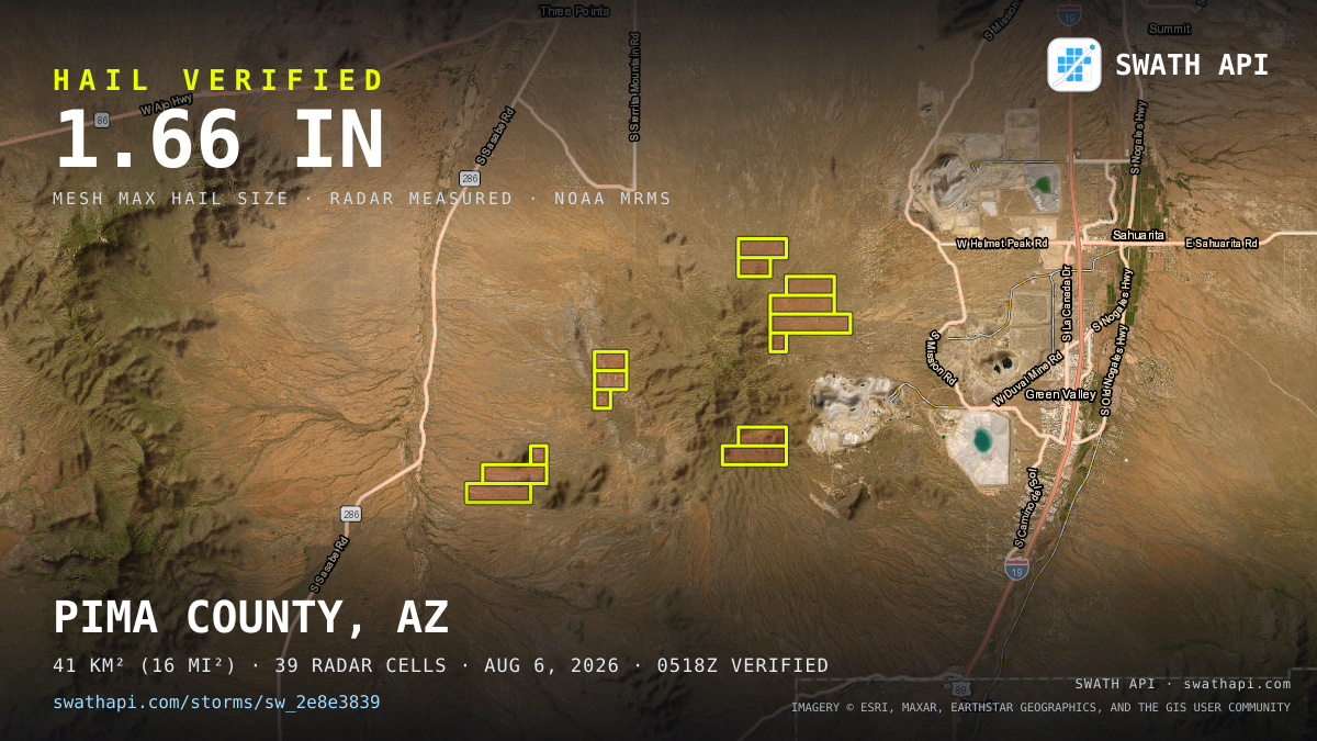 Storm card: 1.1–1.7" hail crossed Pima County, AZ — August 6, 2026