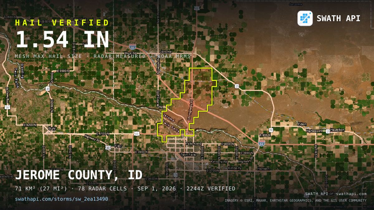 Storm card: 1.1–1.5" hail crossed Jerome County, ID — September 1, 2026