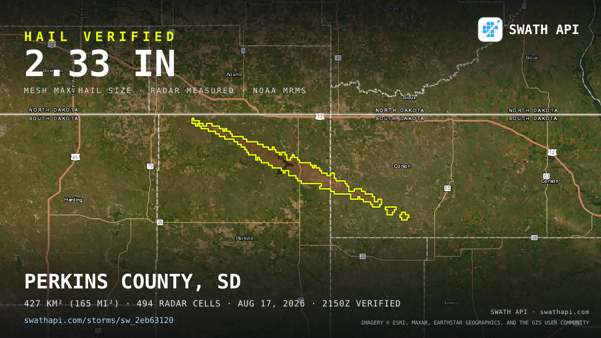 Storm card: 1.1–2.3" hail crossed Perkins County, SD — August 17, 2026