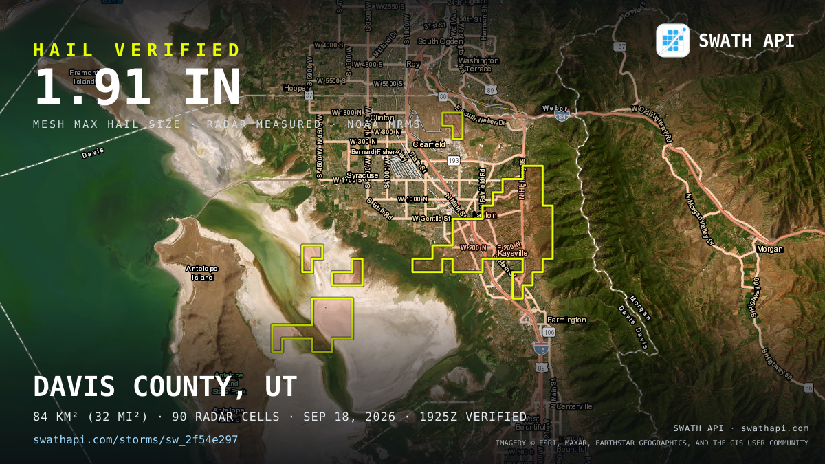 Storm card: 1.2–2.3" hail crossed Davis County, UT — September 18, 2026