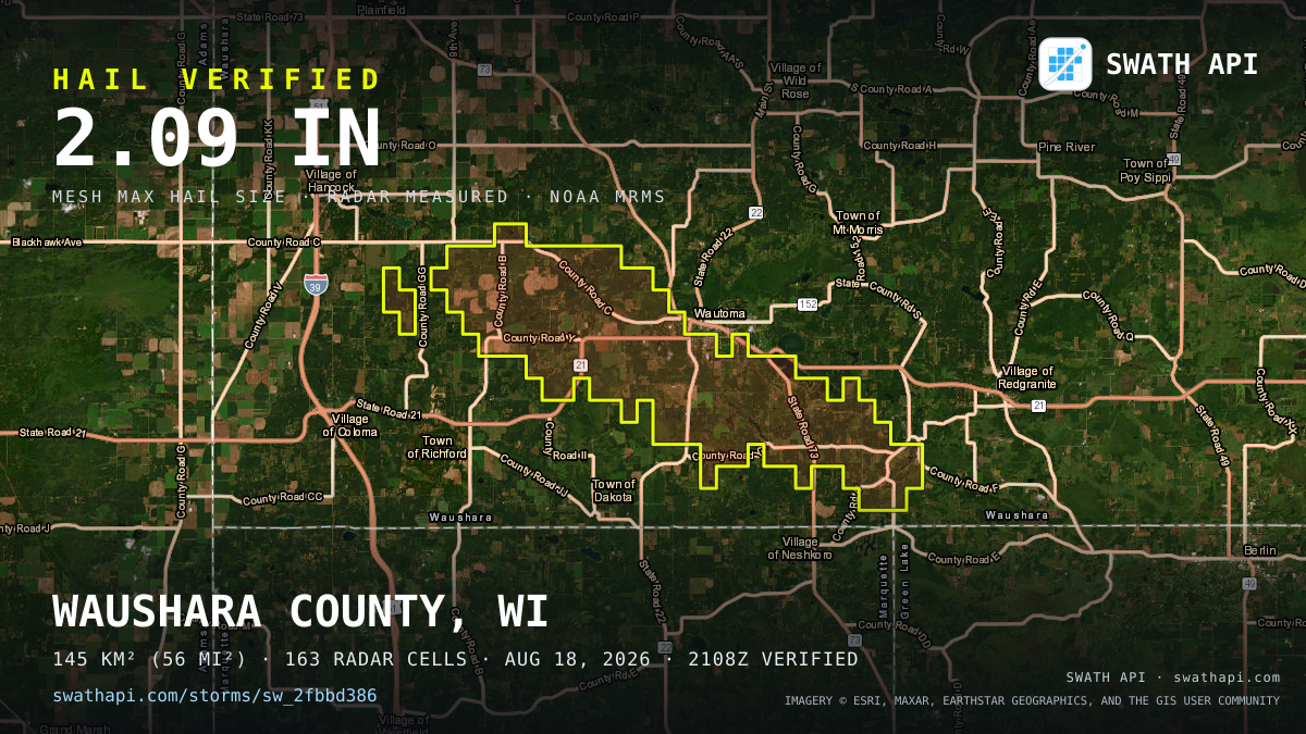 Storm card: 1.1–2.1" hail crossed Waushara County, WI — August 18, 2026