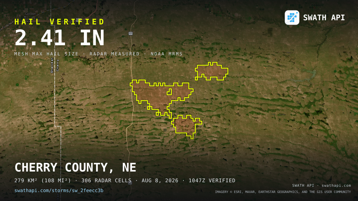 Storm card: 1.3–2.4" hail crossed Cherry County, NE — August 8, 2026