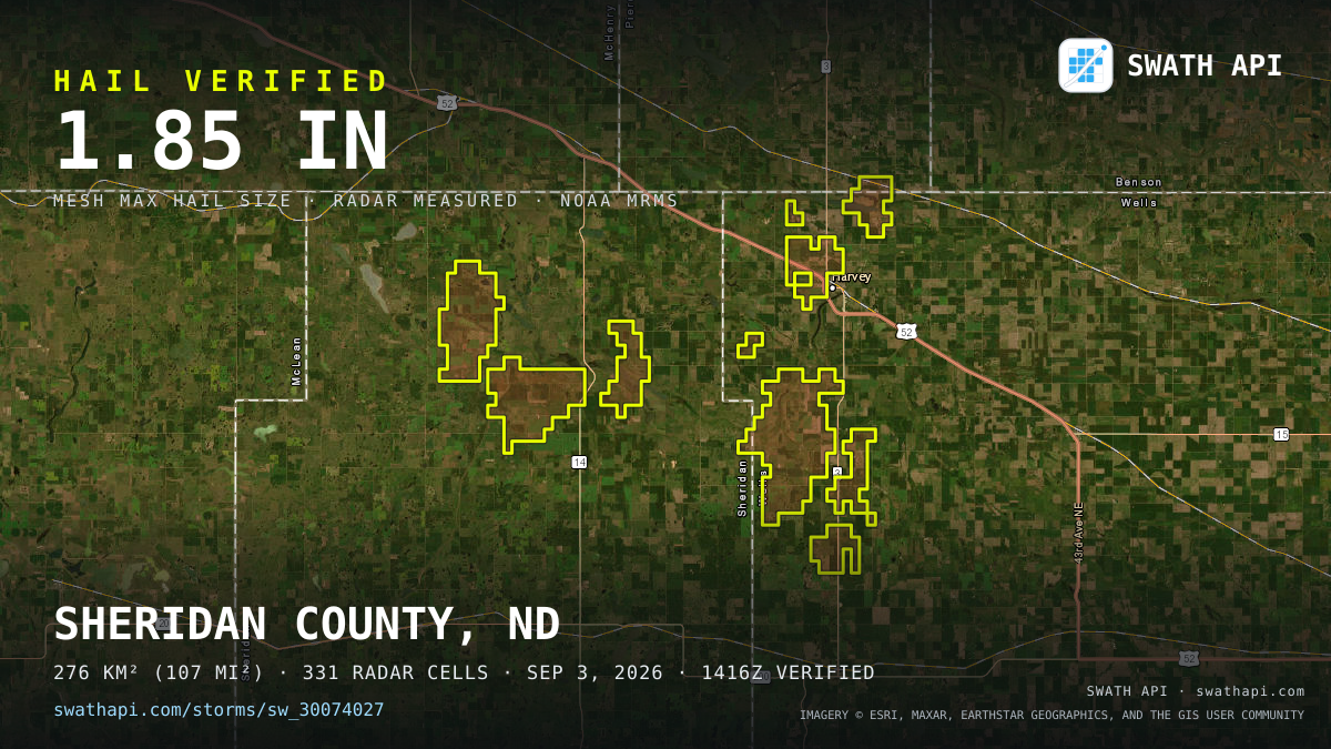 Storm card: 1.1–1.9" hail crossed Sheridan County, ND — September 3, 2026