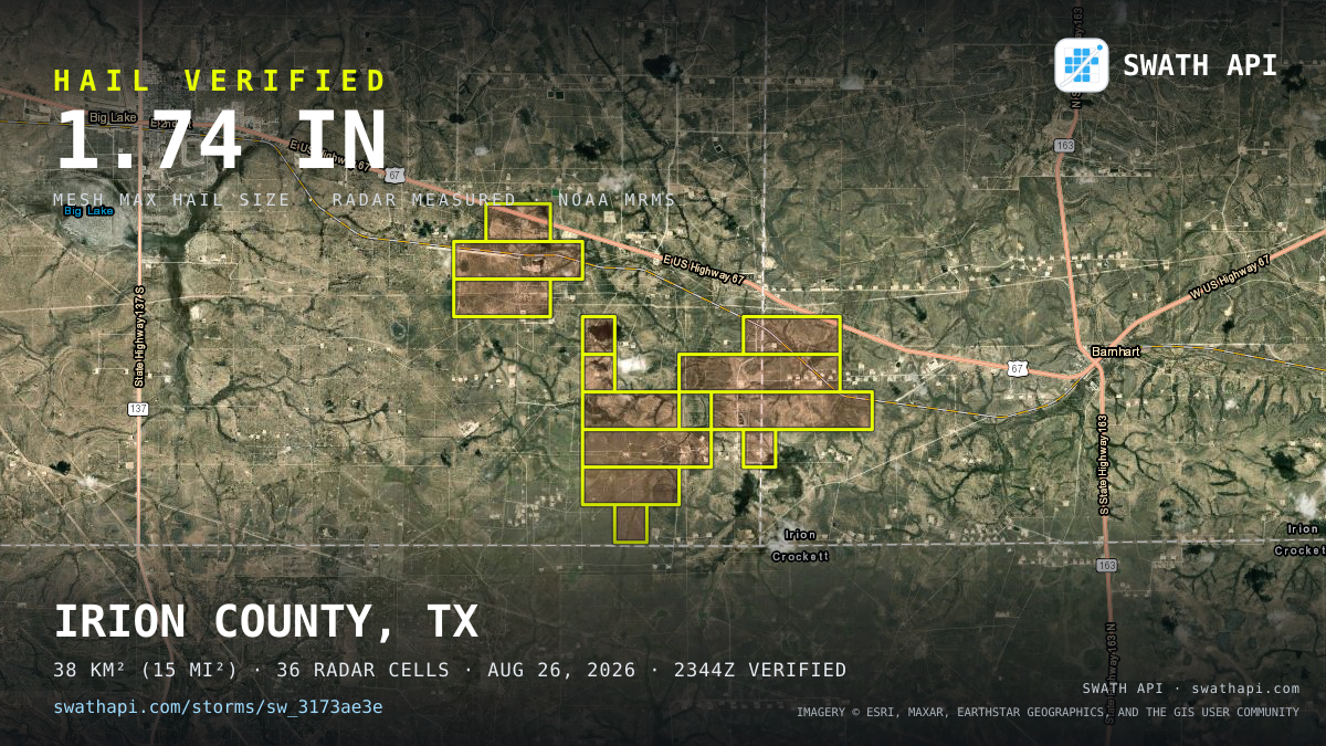 Storm card: 1.1–1.7" hail crossed Reagan County, TX — August 26, 2026