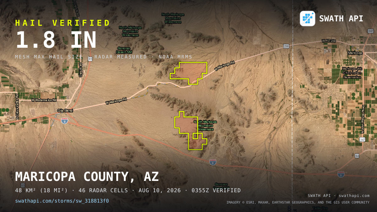 Storm card: 1.2–1.8" hail crossed Maricopa County, AZ — August 10, 2026