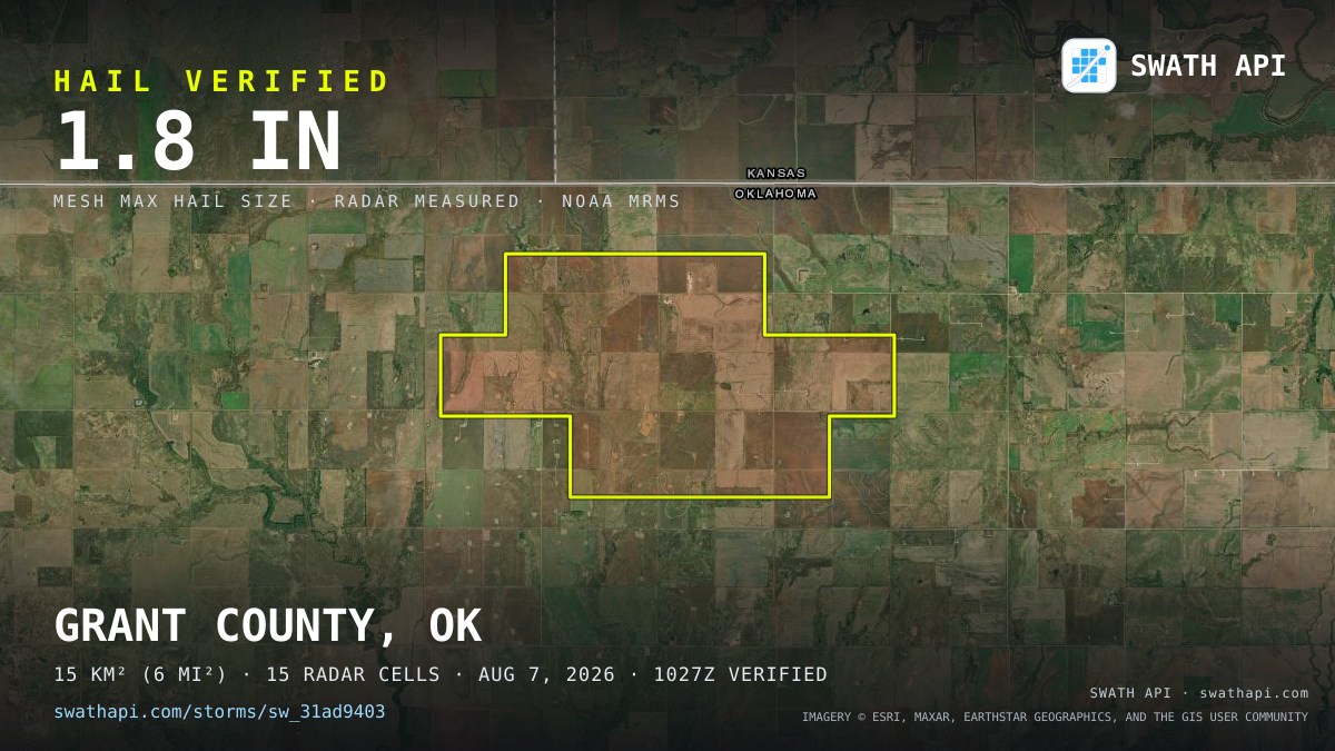 Storm card: 1.3–1.8" hail crossed Grant County, OK — August 7, 2026
