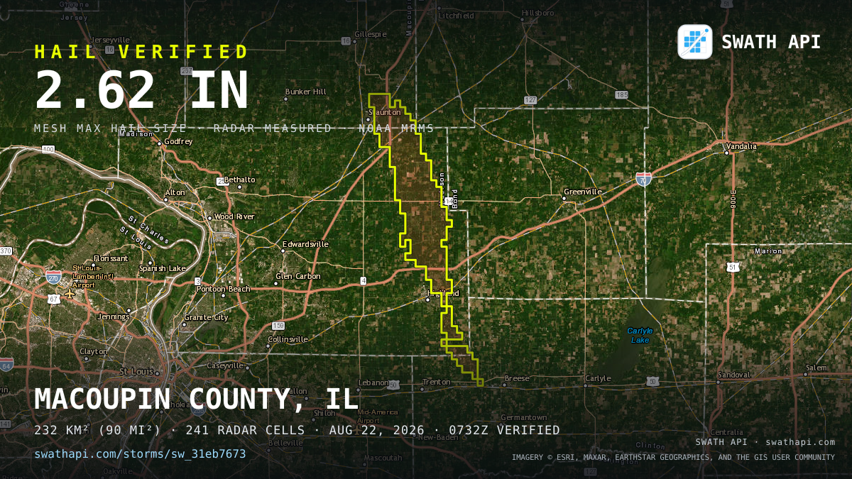 Storm card: 1.2–2.6" hail crossed Madison County, IL — August 22, 2026