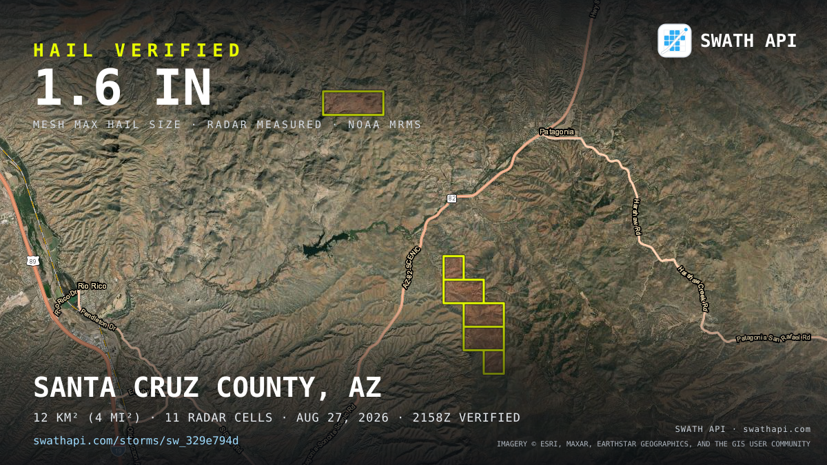 Storm card: 1.2–1.6" hail crossed Santa Cruz County, AZ — August 27, 2026