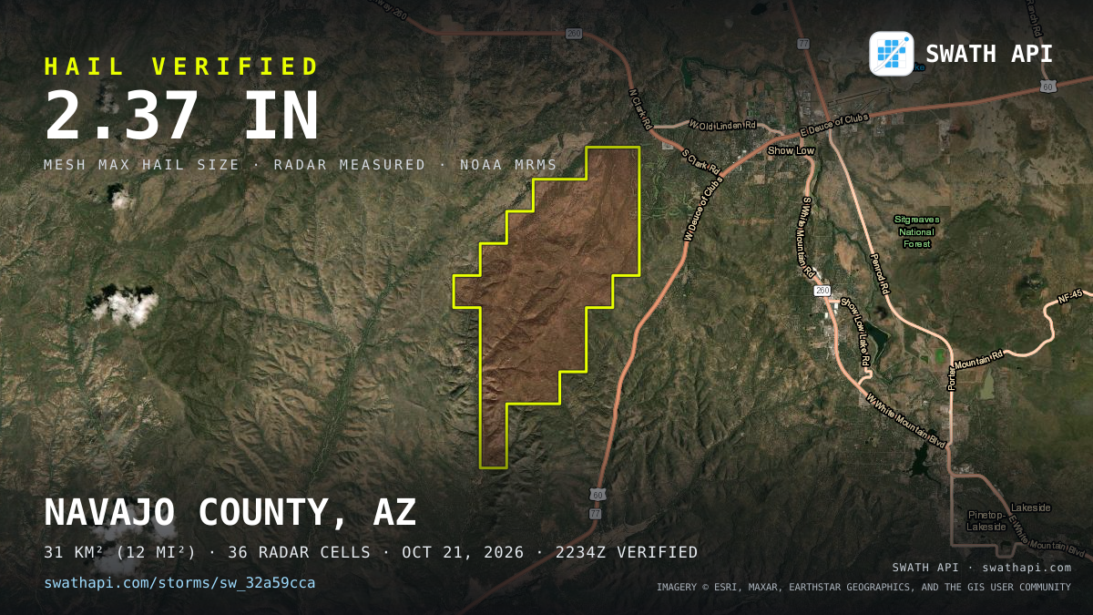 Storm card: 1.1–2.4" hail crossed Navajo County, AZ — October 21, 2026