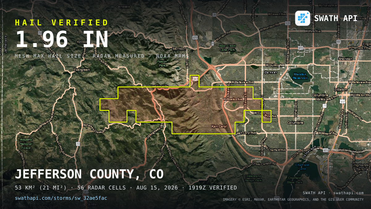 Storm card: 1.2–2" hail crossed Jefferson County, CO — August 15, 2026