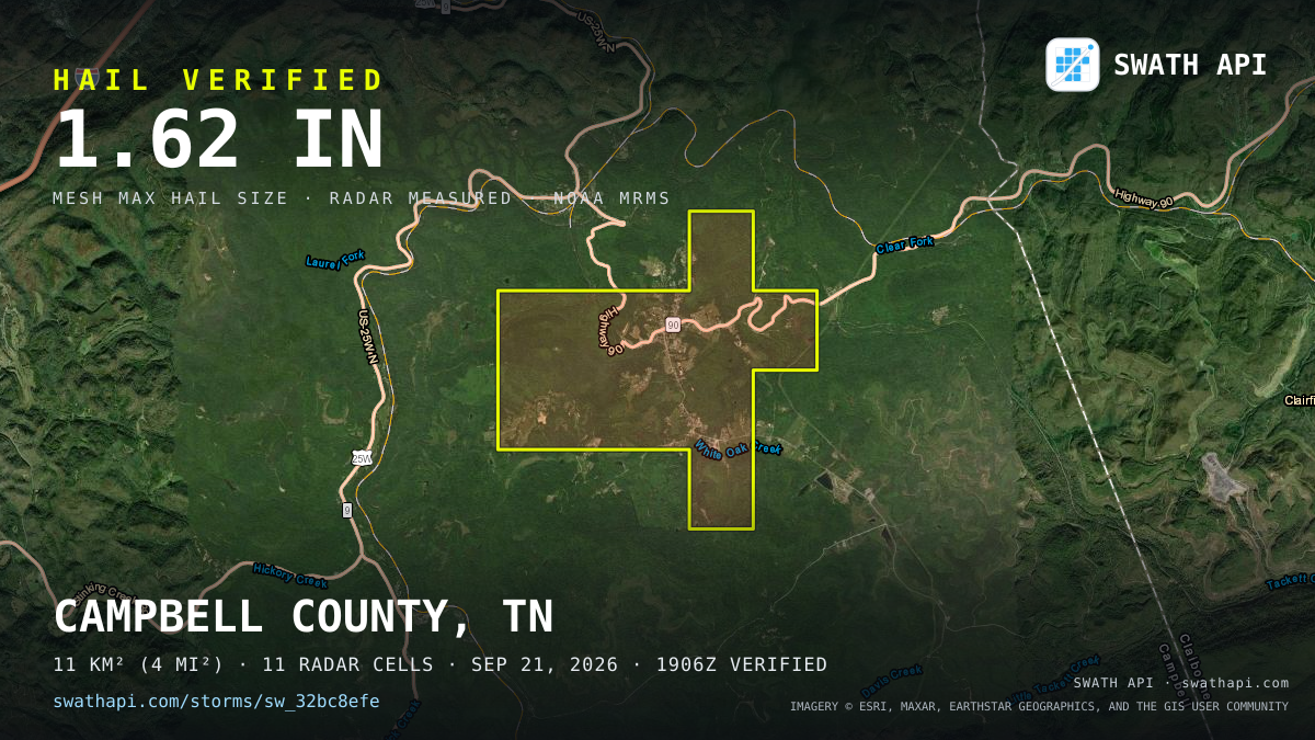 Storm card: 1.2–1.6" hail crossed Campbell County, TN — September 21, 2026