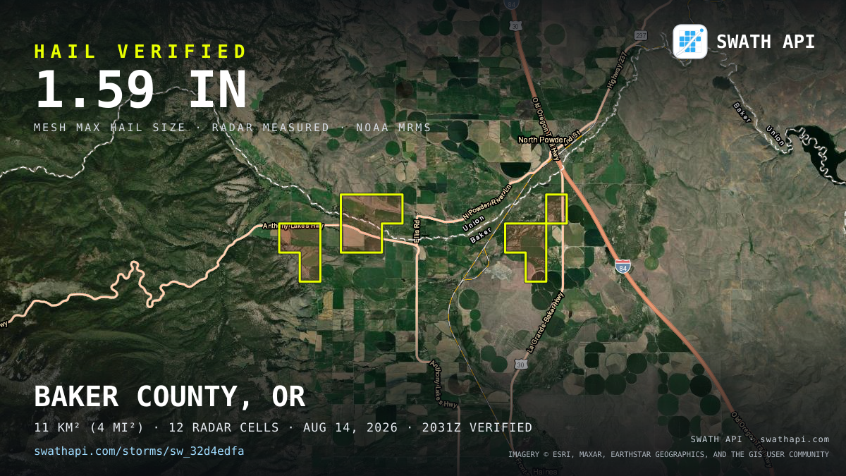 Storm card: 1.1–1.6" hail crossed Baker County, OR — August 14, 2026