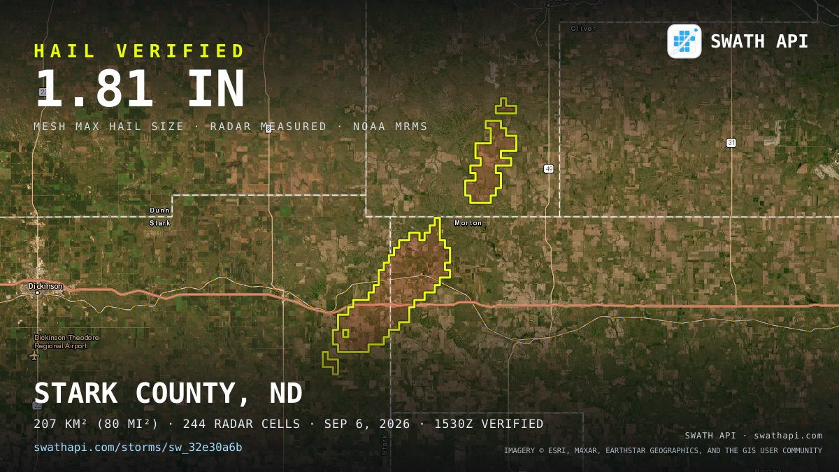 Storm card: 1.1–1.8" hail crossed Morton County, ND — September 6, 2026