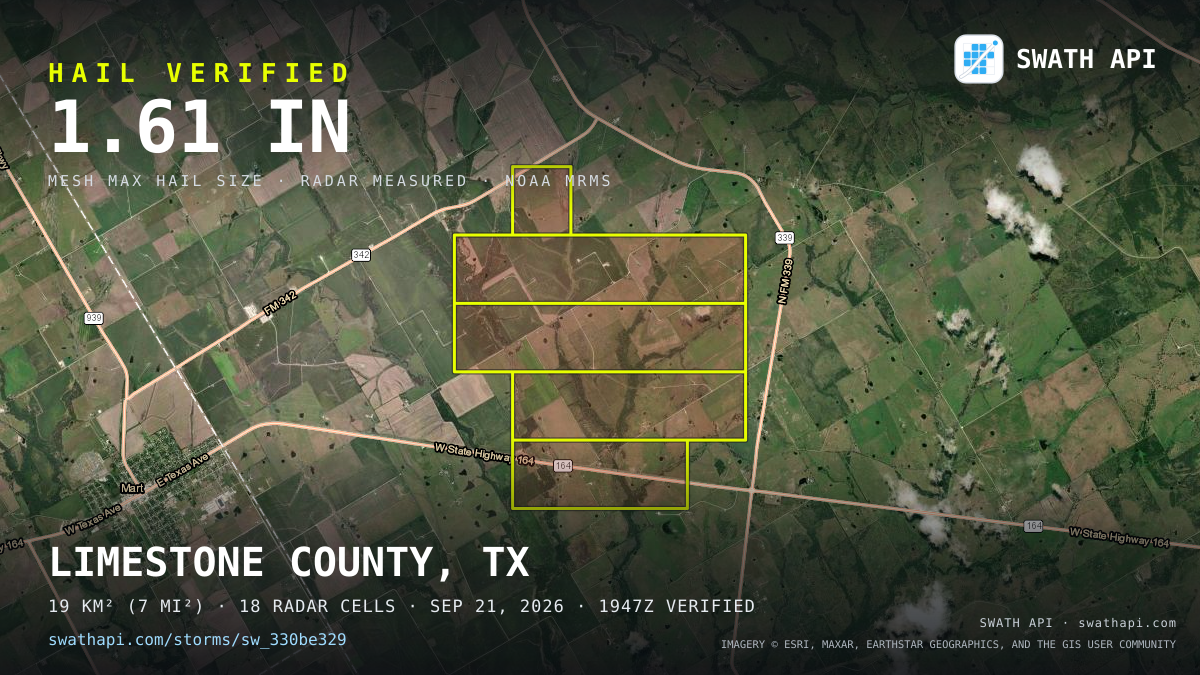 Storm card: 1.2–1.6" hail crossed Limestone County, TX — September 21, 2026