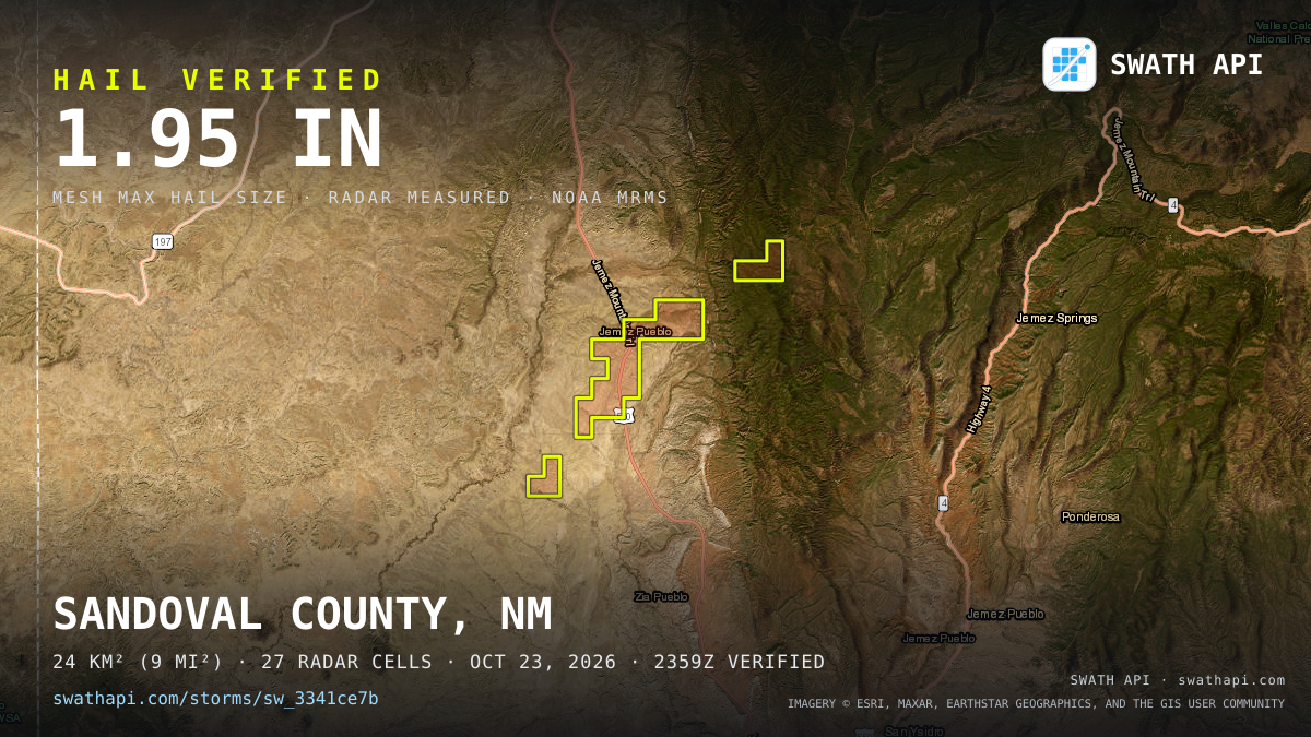 Storm card: 1.2–2" hail crossed Sandoval County, NM — October 23, 2026